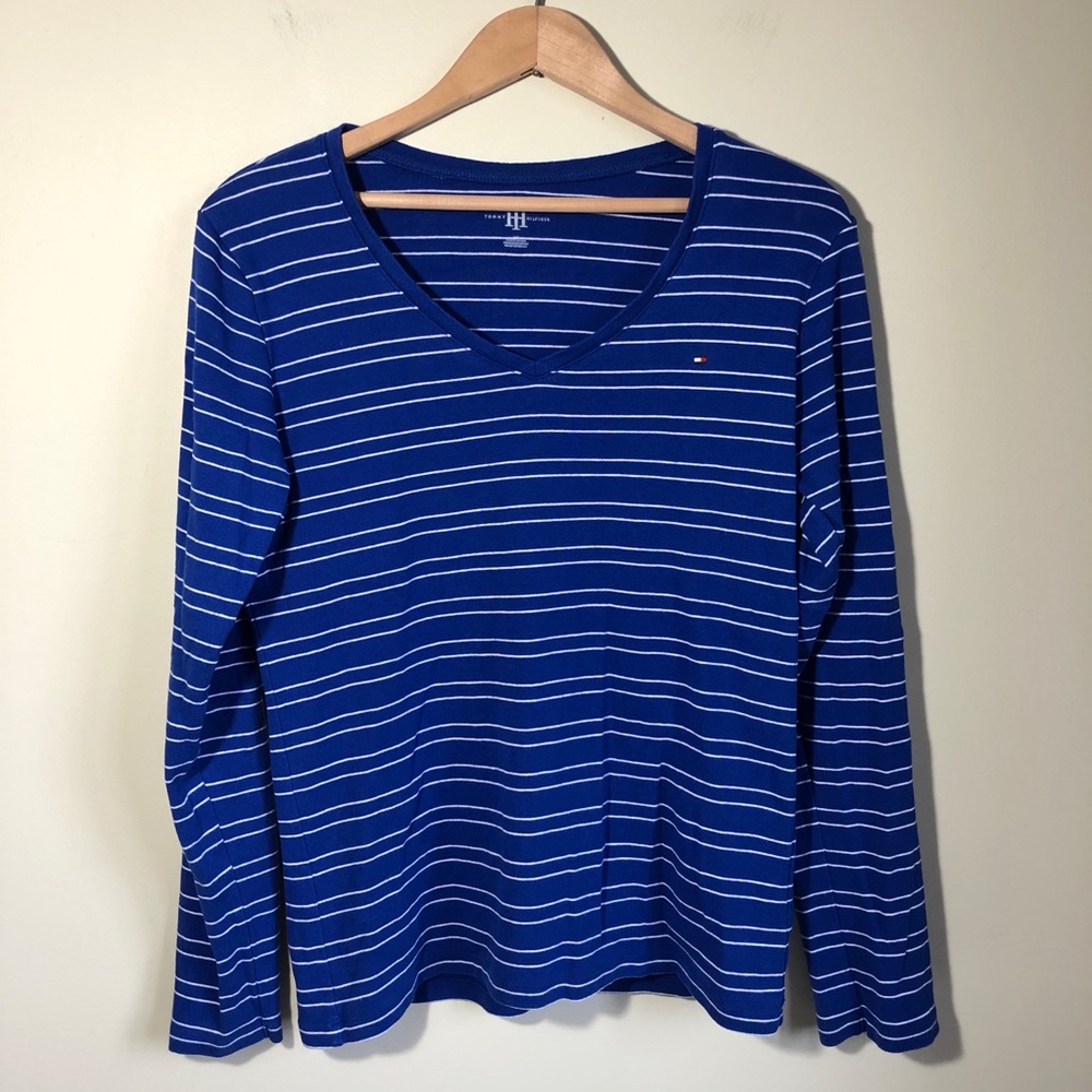 Tommy Hilfiger blue and white stripes long sleeve shirt top size large womens